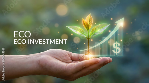 Eco Investment: A symbolic representation of eco investment, with a nurturing hand cradling a flourishing plant, interwoven with a rising graph and a dollar sign.