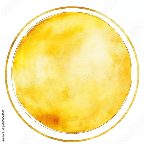 Yellow watercolor splash in a golden circular frame. Abstract soft texture with gold glitter accents, perfect for sunny branding, wedding stationery, or creative social media highlight covers.