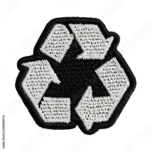 Black and White Paper Cutout of Recycling Symbol - Embroidered Patch Style Isolated on Transparent Background (PNG)