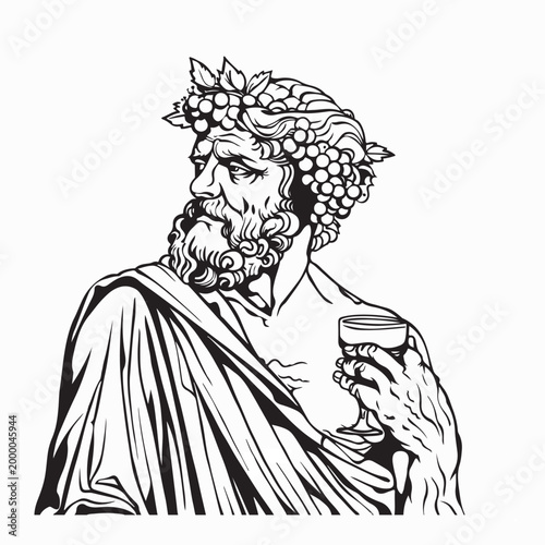 Ancient Greek God  Holding Wine Glass and Fruits Vector Illustration Monochrome