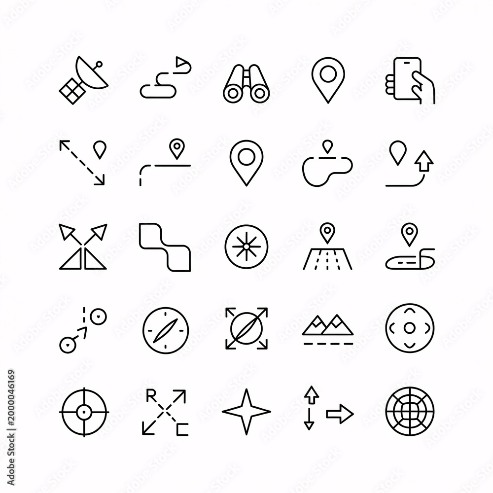 Fototapeta premium A collection of various navigation and location icons in a simple line art style on a white background