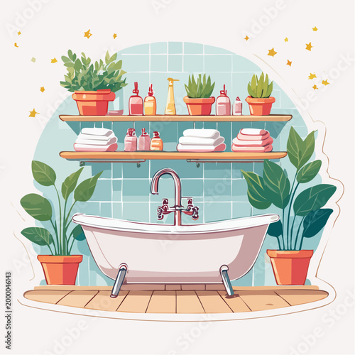 Cozy Bathroom Scene with Bathtub and Plants