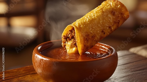 Birria tacos consomme premium Mexican dish with crispy golden tortilla and melted cheese dipped in rich spiced broth served in traditional clay bowl