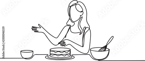 female food vlogger is giving a cake cooking tutorial. Food vlogger minimalist concept. one line art icon drawing vector