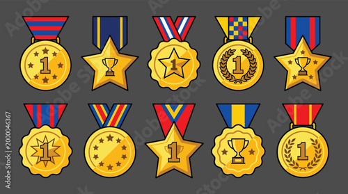 Set of Golden First Place Medals and Award Icons with Colorful Ribbons for Gamification and Achievement