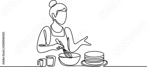 female food vlogger is giving a cake cooking tutorial. Food vlogger minimalist concept. one line art icon drawing vector