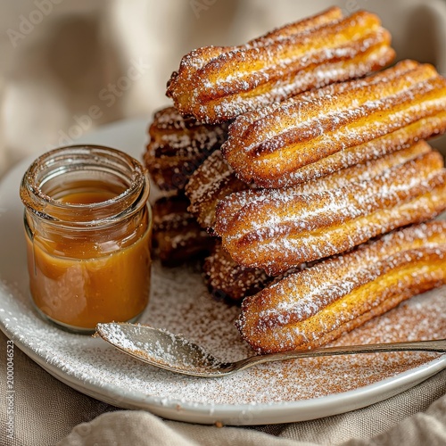 Freshly made cinnamon churros with golden ridged texture served on white plate with caramel dipping sauce at upscale Mexican restaurant