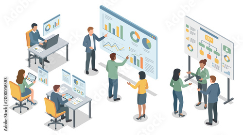 Foto Business professionals analyzing data and charts in a collaborative office environment