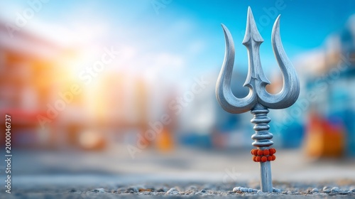 Obraz na płótnie Single Trident Standing Upright on Open Ground with Blurred Background