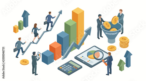 Isometric Business Growth and Financial Success Concept with People and Charts.