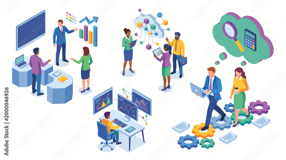 Fototapeta premium Isometric Business People Working in Data Analysis and Technology Environment.