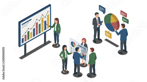 Isometric Business Team Analyzing Data and Charts.