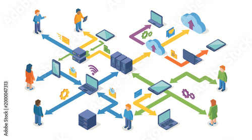 Isometric illustration of people and devices connected in a network.