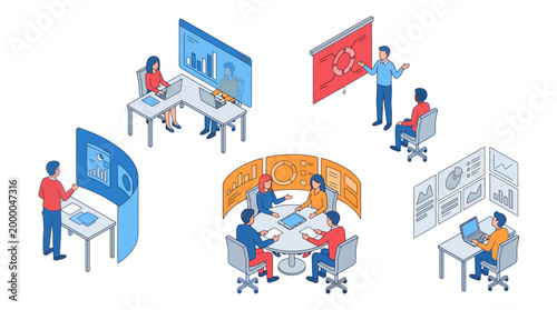 Isometric illustration of people collaborating and working in various modern office settings.
