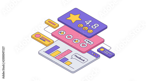 Isometric illustration of user feedback and rating system for app development.