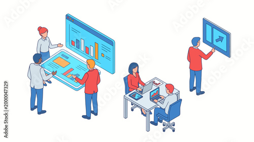 Isometric illustration of people collaborating on business and technology projects.