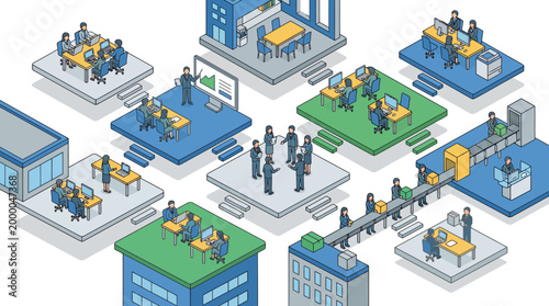Isometric illustration of various business departments and teams collaborating.