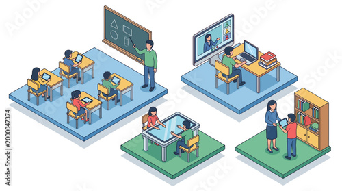 Isometric illustration of various educational settings including classroom, online learning, and library scenes.
