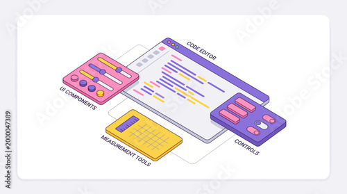 Isometric illustration of web development and coding tools.