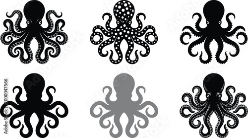 Octopus silhouette and decorative illustration set with detailed tentacle designs in black vector style