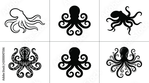 Octopus silhouette and decorative illustration set with various tentacle designs in black vector style