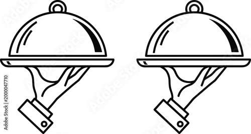 Minimalist black and white vector line art icons featuring a gloved hand holding a restaurant server platter with a cloche cover lid.