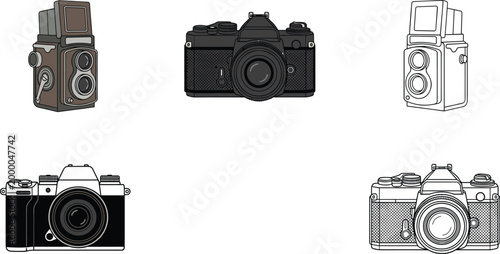 Vintage and modern camera illustration set with detailed photography equipment in line art and flat style
