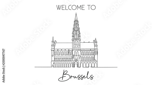 Minimalist Continuous Line Art of Historic European Gothic City Hall Architecture Welcome to Brussels