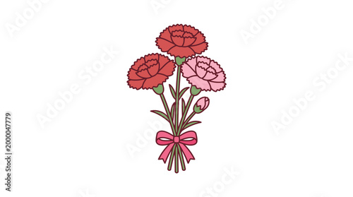 Bouquet of Red and Pink Carnation Flowers with Pink Ribbon Bow Illustration for Mothers Day and Celebration