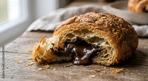 Freshly Baked Chocolate Croissant Broken Open, Molten Lava Center, Wooden Table, Gourmet Breakfast