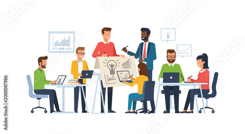 A group of diverse professionals is collaborating on projects in a creative office space, using laptops and whiteboards to brainstorm new ideas together.