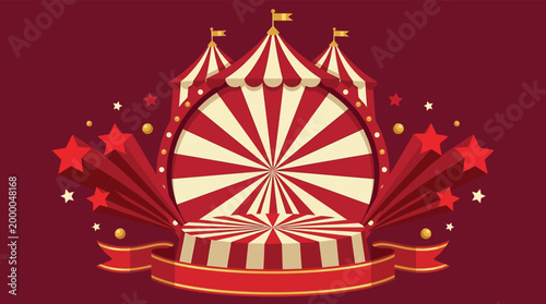 Carnival Circus Themed Podium Stage with Red and White Stripes Big Top Tent and Stars Background Illustration