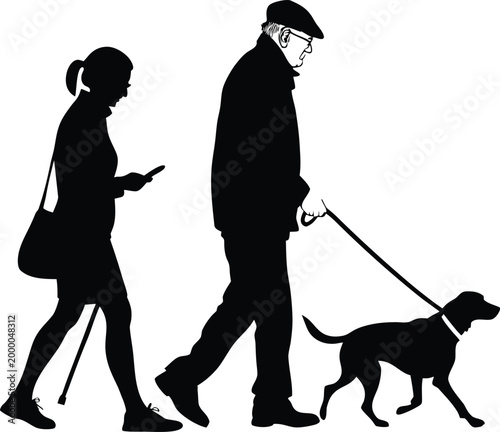 Silhouette of an Elderly Man Walking a Dog and a Woman Using a Smartphone