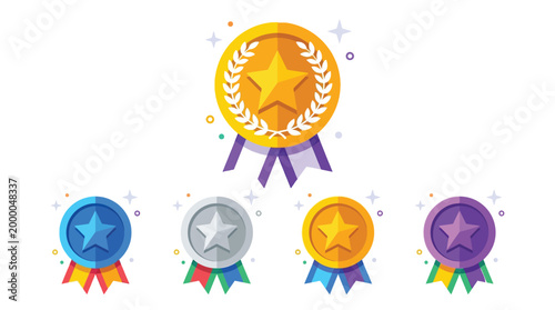 Set of vector award medals and badges with stars and ribbons for achievement success and competition ranking recognition