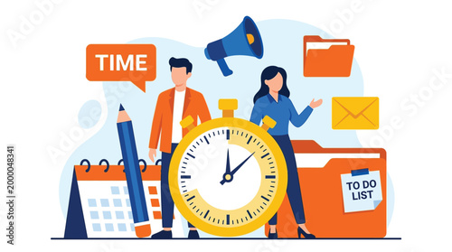 Business People Managing Time with Large Stopwatch Calendar and Folders for Workplace Productivity Flat Vector Illustration