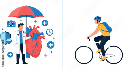 Healthcare and Fitness Concept with Doctor, Heart, and Cyclist, Vector Illustration for Wellness, Physical Health, and Preventive Care