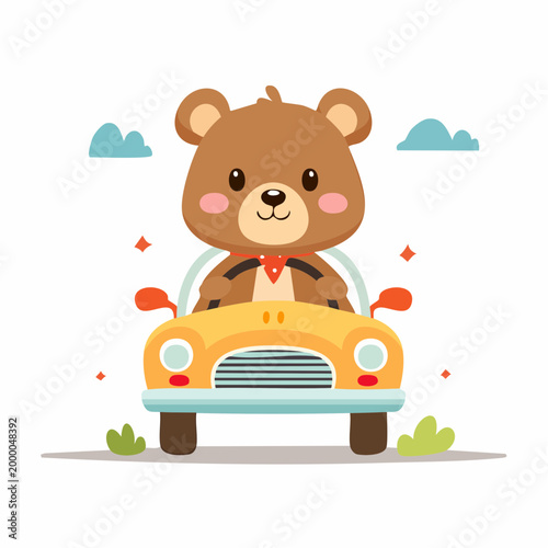 Cute cartoon bear driving a yellow car