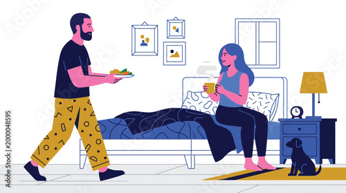 Couple Sharing Morning Routine with Breakfast in Bed and Pet Dog Vector Illustration