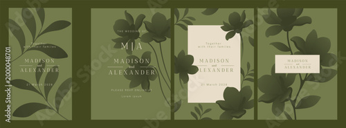 Green Luxury Wedding Invitation set,  invite thank you, rsvp modern card Design in line art leaf greenery branches  decorative Vector elegant rustic  plus social media template 