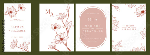 Pastel Luxury Wedding Invitation set,  invite thank you, rsvp modern card Design in line art leaf greenery branches  decorative Vector elegant rustic  plus social media template 