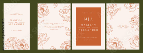 Pastel Luxury Wedding Invitation set,  invite thank you, rsvp modern card Design in line art leaf greenery branches  decorative Vector elegant rustic  plus social media template 