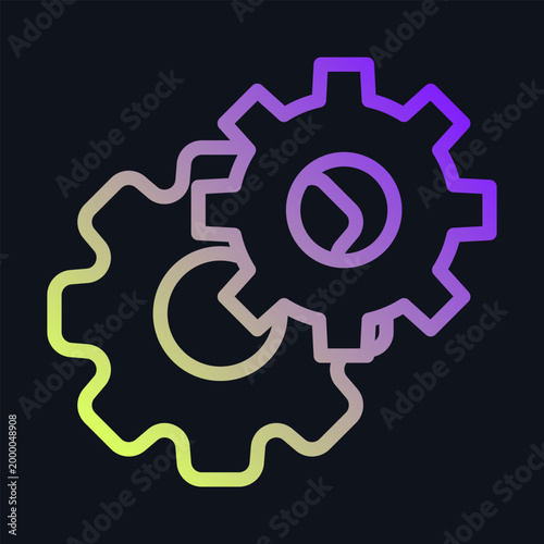 Two interlocked gears with a gradient from yellowgreen to purple on a black background