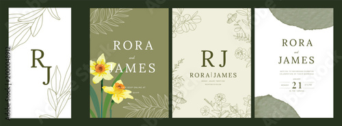 green Luxury Wedding Invitation set,  invite thank you, rsvp modern card Design in line art leaf greenery branches  decorative Vector elegant rustic  plus social media template 