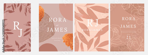 Luxury Wedding Invitation set,  invite thank you, rsvp modern card Design in line art leaf greenery branches  decorative Vector elegant rustic  plus social media template 