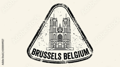 Vintage Brussels Belgium Passport Stamp Travel Icon with Gothic Cathedral Architecture Illustration