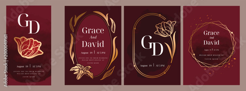 Red Luxury Wedding Invitation set,  invite thank you, rsvp modern card Design in line art leaf greenery branches  decorative Vector elegant rustic  plus social media template 