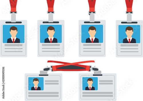 Set of flat vector illustrations showing multiple professional identification badges with male staff avatars and red neck lanyards isolated on white background.