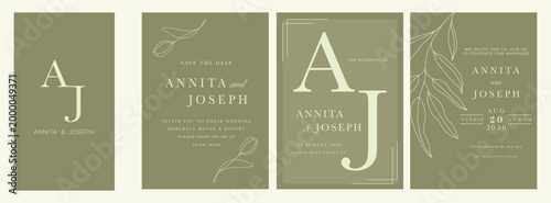 Green Luxury Wedding Invitation set,  invite thank you, rsvp modern card Design in greenery branches  decorative Vector elegant rustic plus social media template 