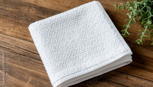 Soft White Waffle Weave Towel Folded on Wooden Surface Household Cleaning Supplies