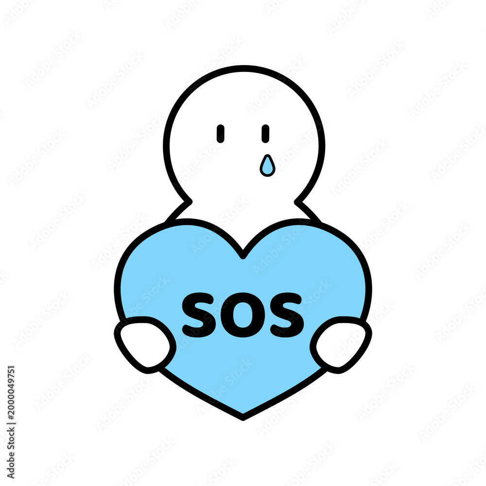 Obraz premium Simple character holding a blue heart with SOS text, crying person icon